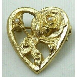 Vintage Heart Pendant Brooch Combo Brushed Gold Tone Rose Flower Faux Pearls BC